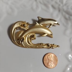 OAJC Vintage Textured Gold Tone/Dolphins Surfing Waves Brooch/Pin